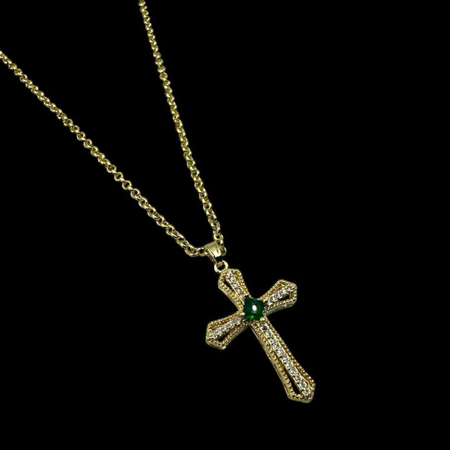 Rhombus Emerald Cross Necklace