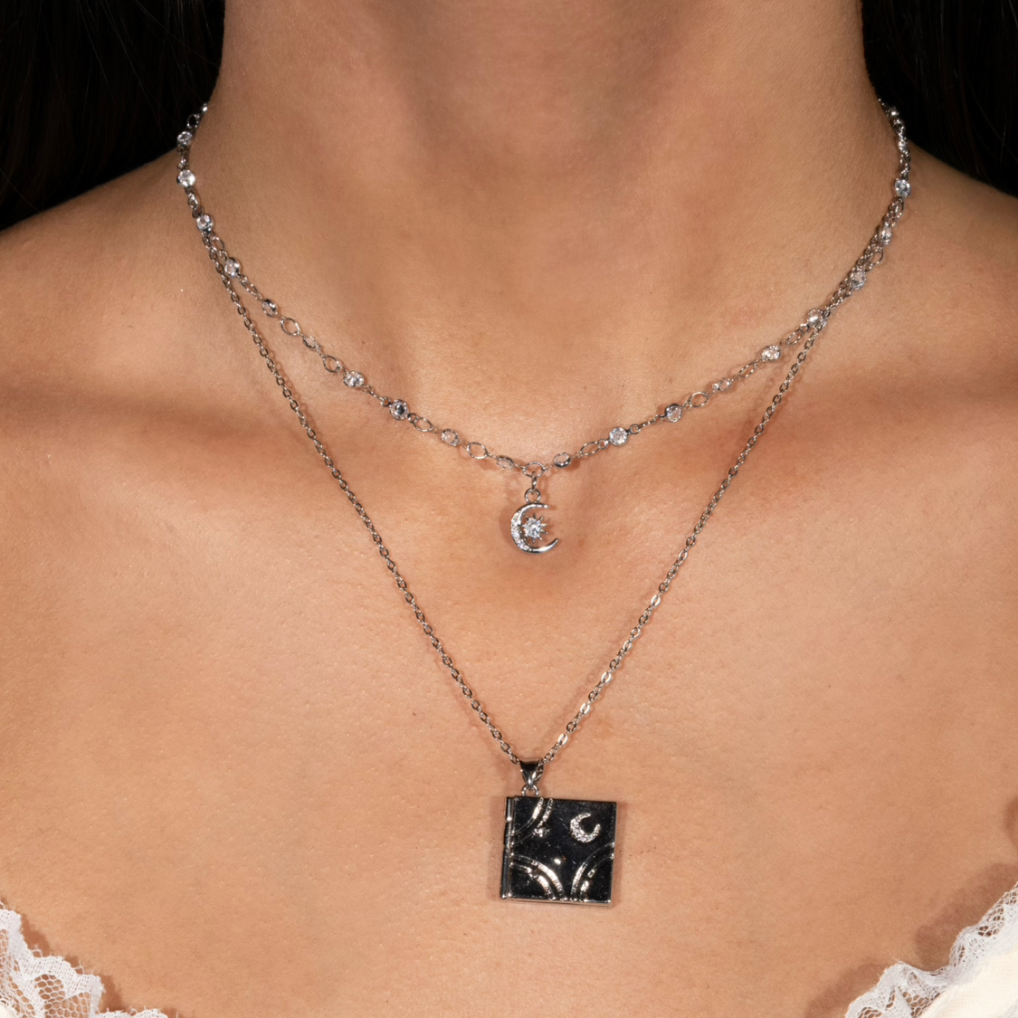 Silver Crescent Moon Crystal Choker
