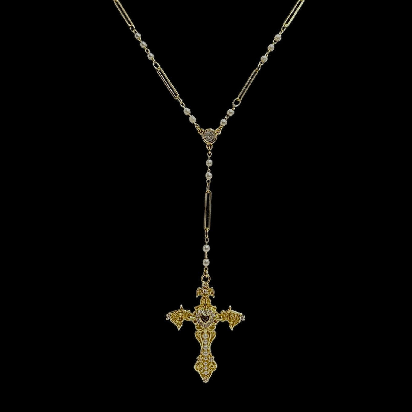 Heart Fleur de Lis Pearl Link Rosary