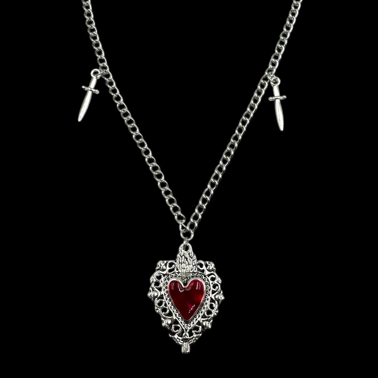 Silver Sacred Heart Mini Sword Charm Necklace