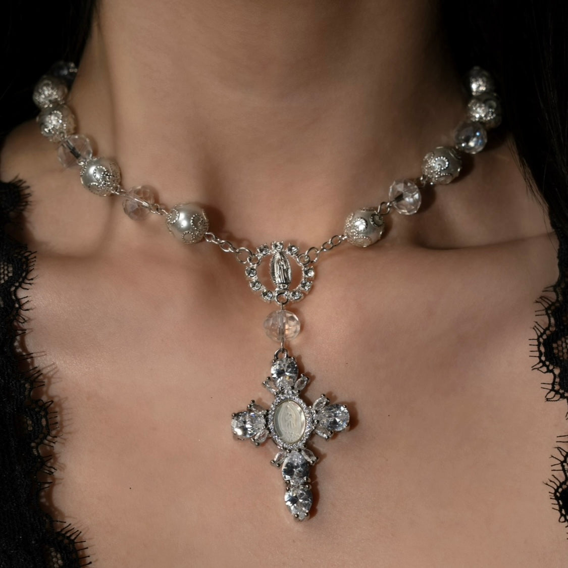 Silver Virgin Mary Crystal Cross Rosary Choker