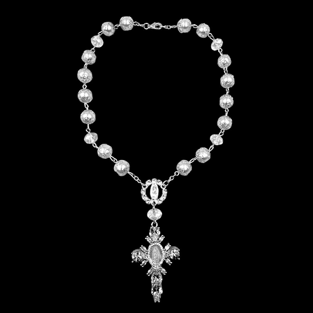 Silver Virgin Mary Crystal Cross Rosary Choker