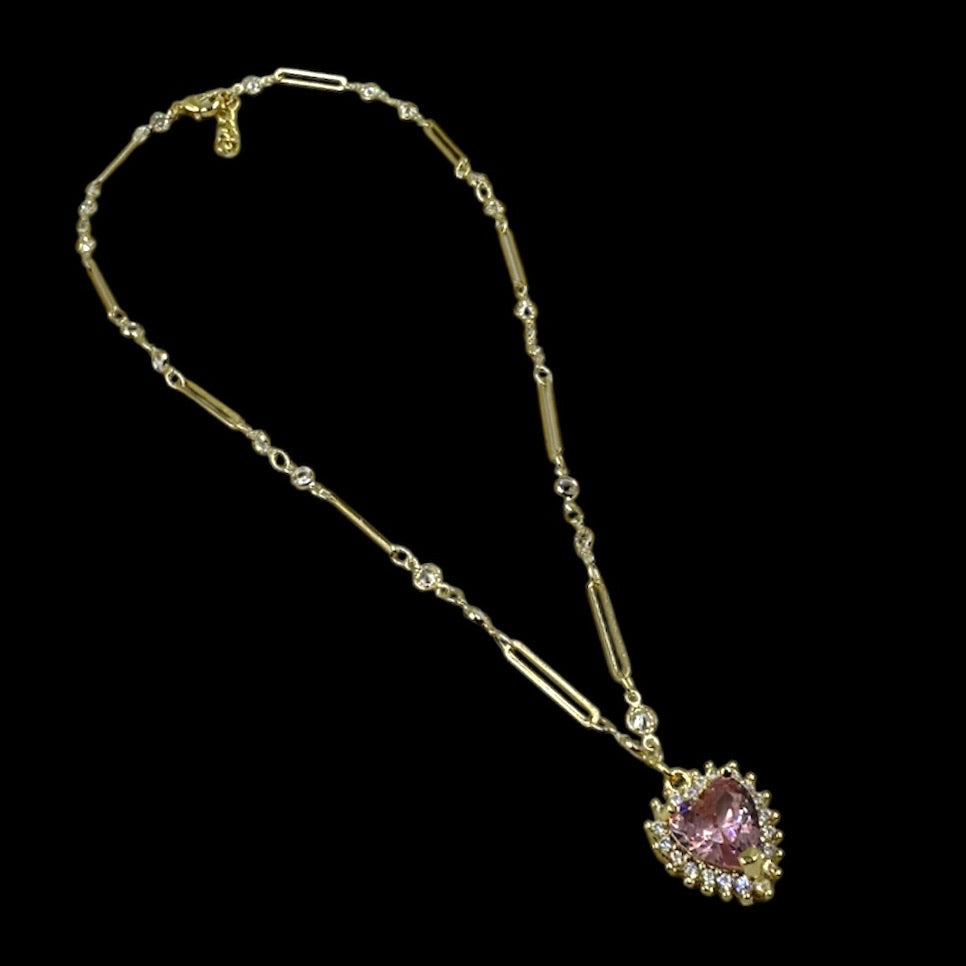 Gold Pink Diamond Heart Crystal Necklace