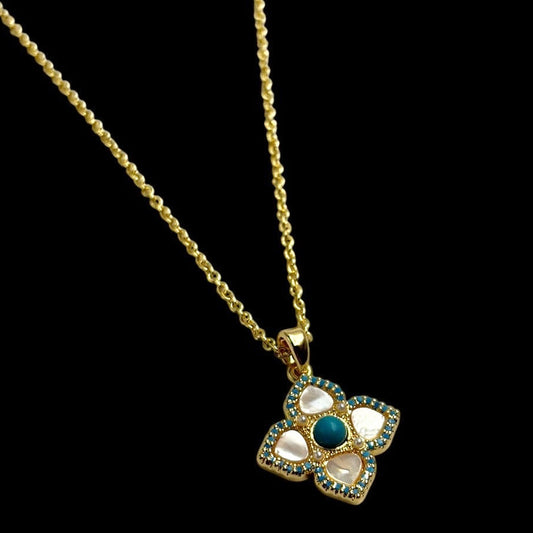 Gold Aquamarine Quatrefoil Necklace