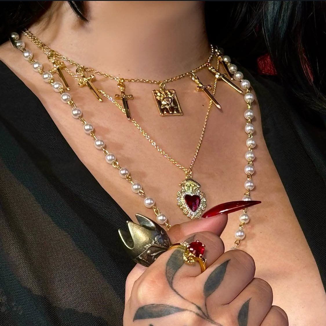 Gold Three Swords Tarot Charm Necklace