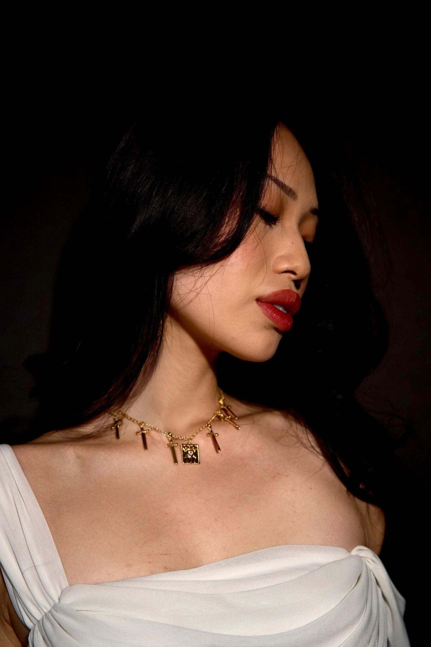 Gold Three Swords Tarot Charm Necklace