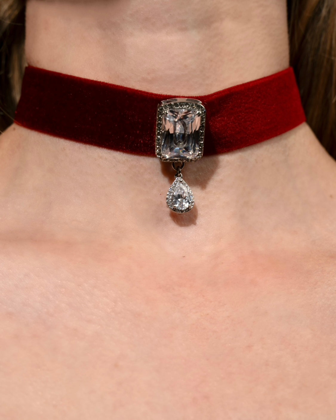 Silver Dimond Drop Red Velvet Choker