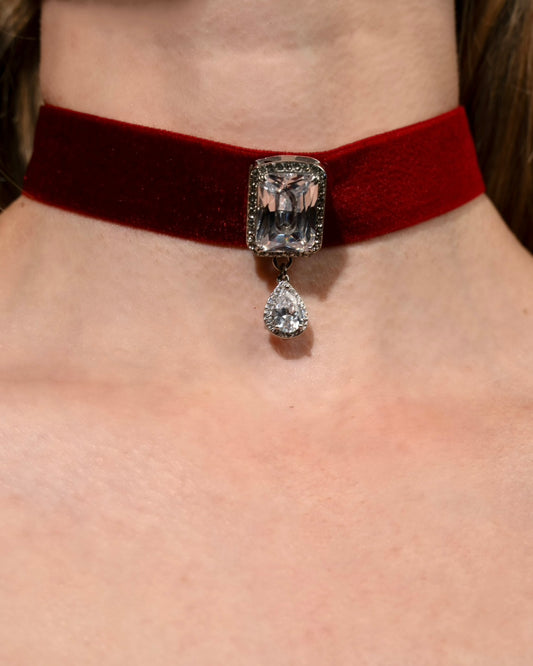 Silver Dimond Drop Red Velvet Choker