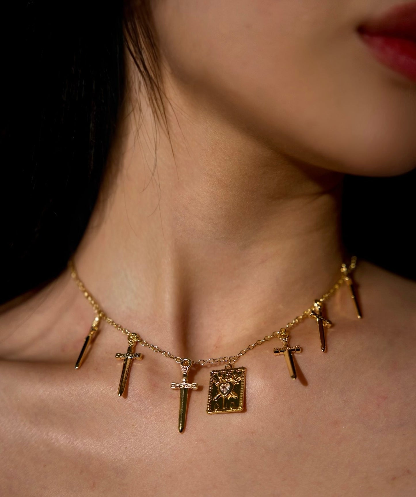 Gold Three Swords Tarot Charm Necklace