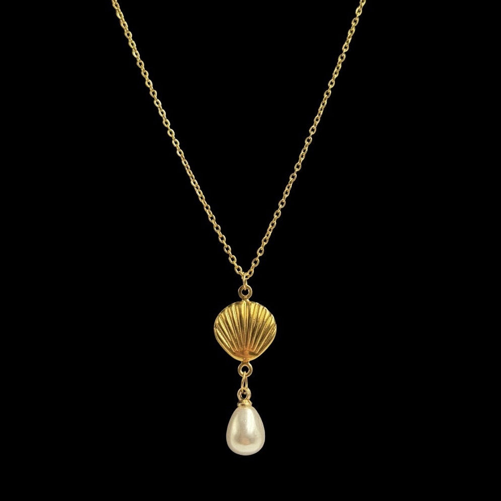 Gold Shell Pearl Drop Necklace