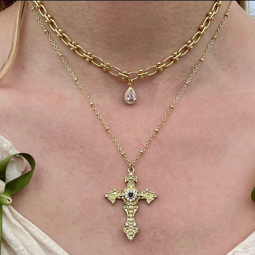 Gold Pearl Fleur de Lis Cross