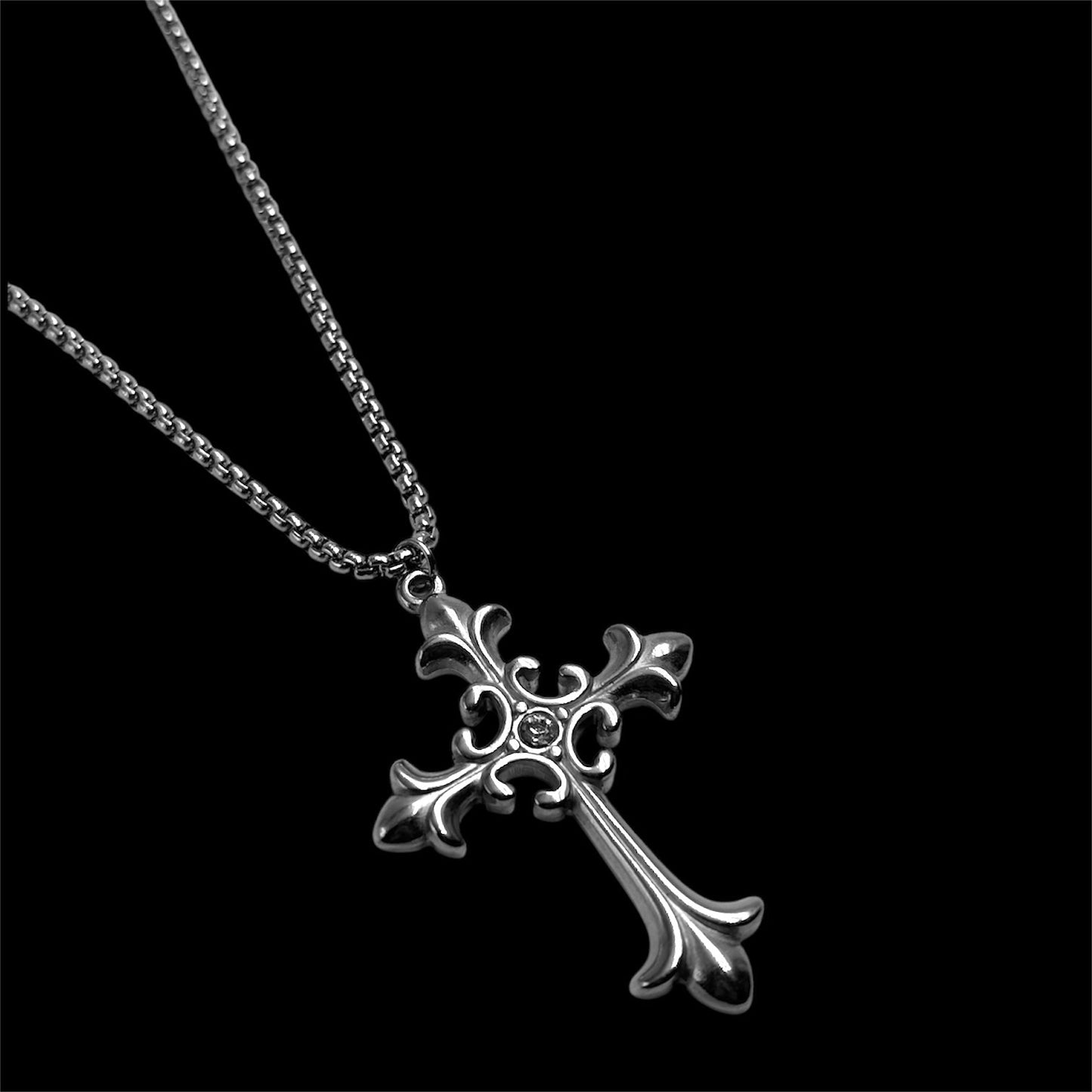 Silver Fleur De Lis Diamond Cross Necklace