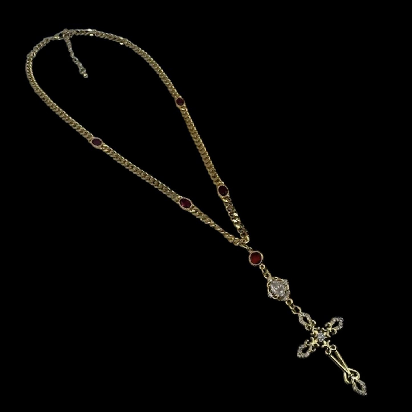 Fleur De Lis Cross Red Gem Curb Chain