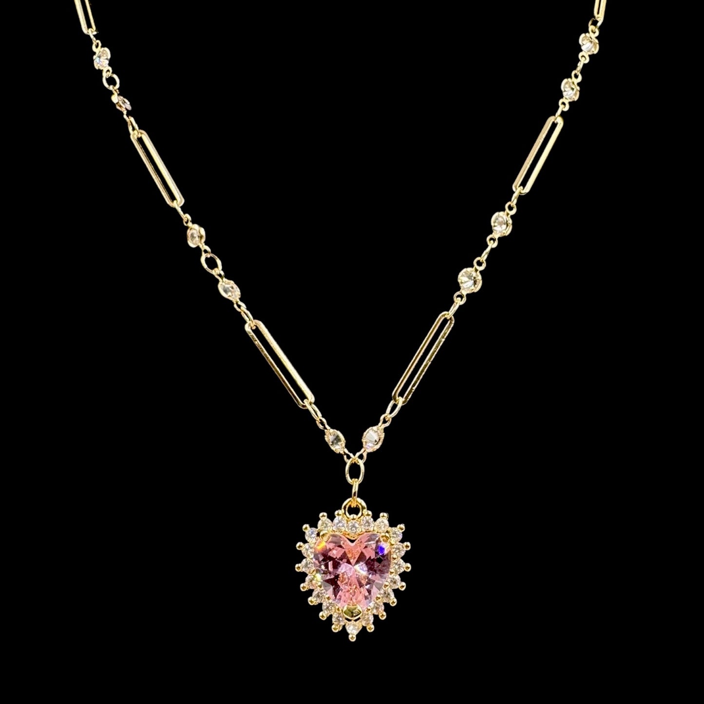Gold Pink Diamond Heart Crystal Necklace