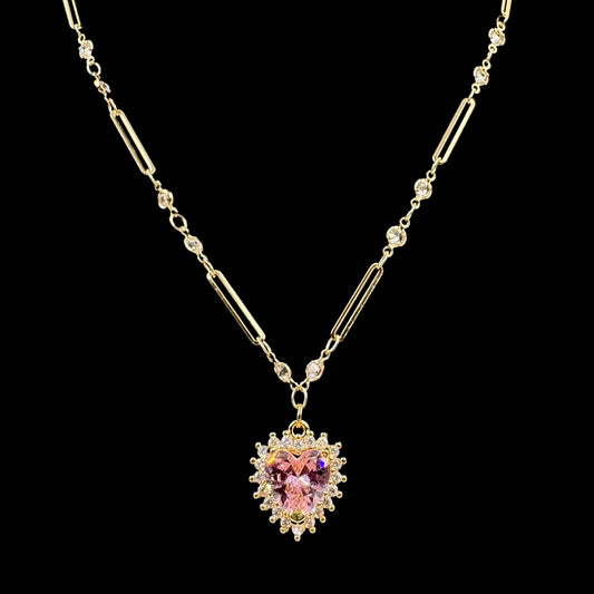 Gold Pink Diamond Heart Crystal Necklace