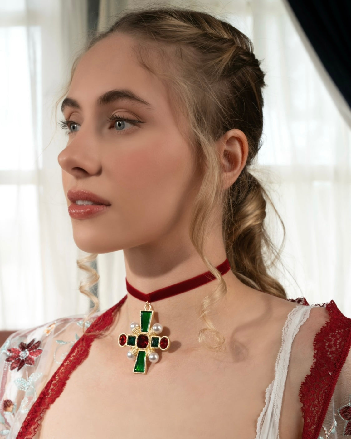 Catherine Cross Red Velvet Choker
