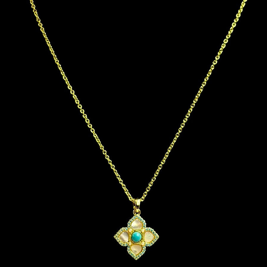 Gold Aquamarine Quatrefoil Necklace