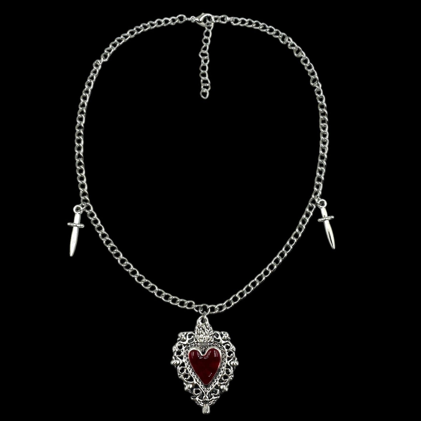 Silver Sacred Heart Mini Sword Charm Necklace