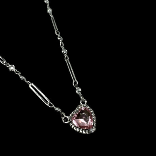 Pierceable Silver Pink Heart Crystal Chain Necklace