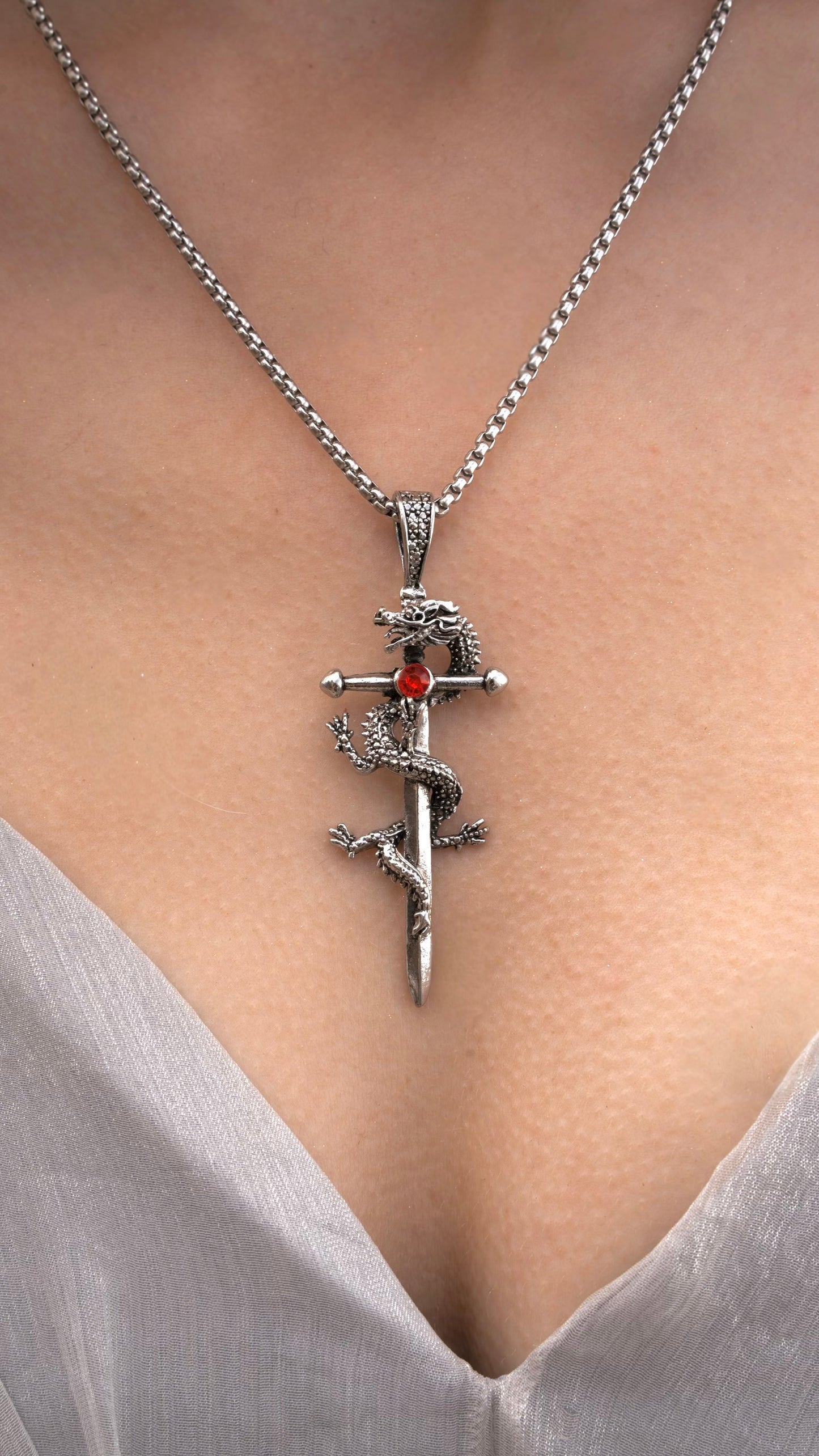 Fire Red Jewel Dragon Sword Necklace