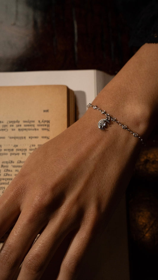 Silver Crescent Moon Diamond Bracelet