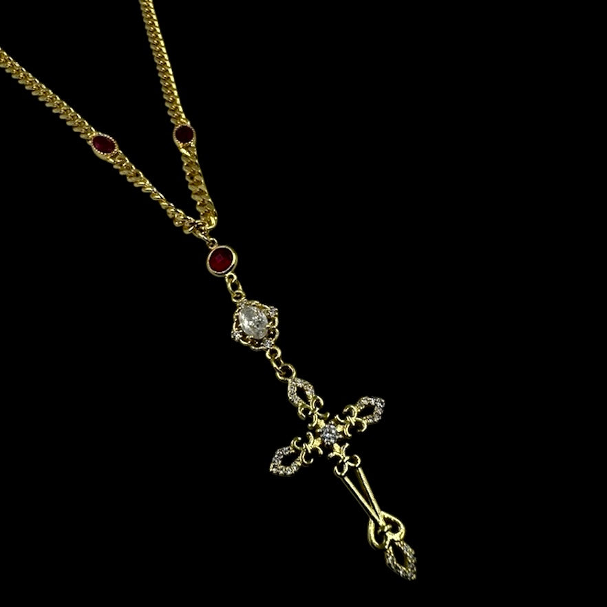 Fleur De Lis Cross Red Gem Curb Chain