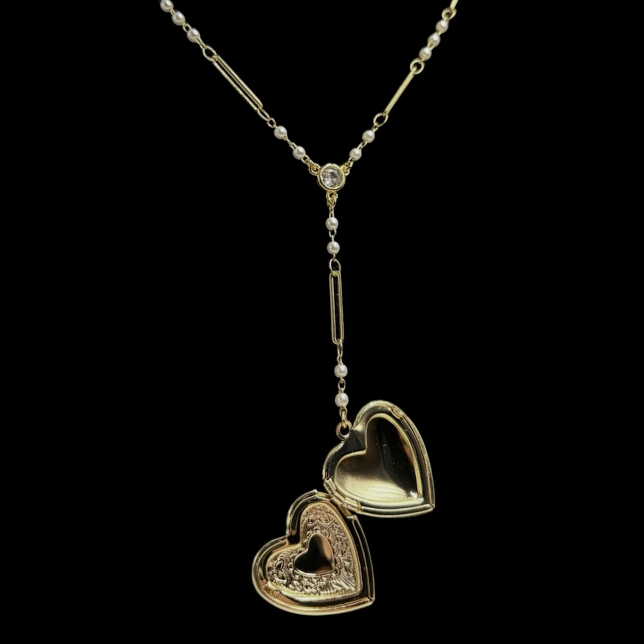 Gold Heart Locket Pearl Link Rosary