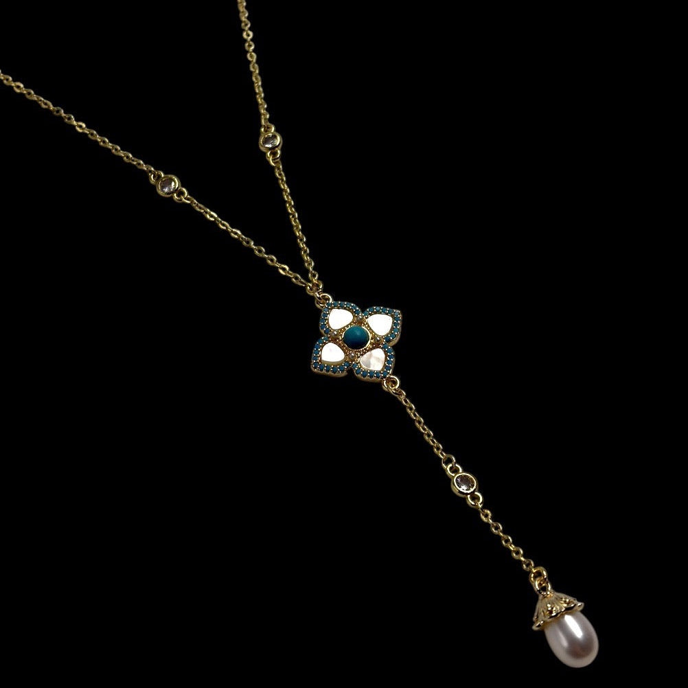 Gold Aquamarine Quatrefoil Pearl Drop Lariat