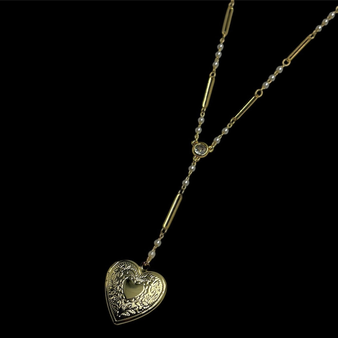 Gold Heart Locket Pearl Link Rosary