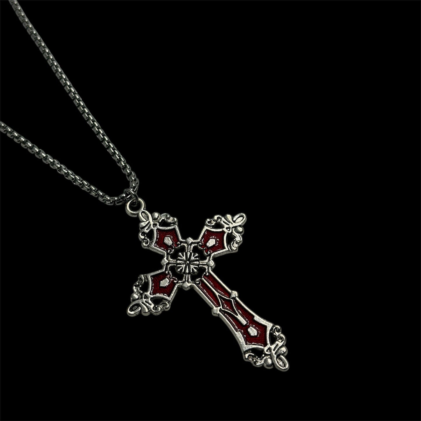 Silver Ornate Red Cross Necklace