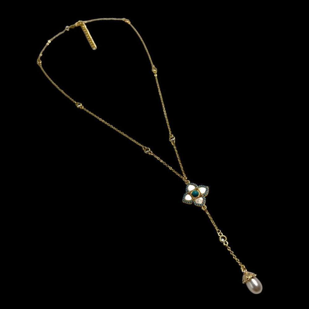Gold Aquamarine Quatrefoil Pearl Drop Lariat