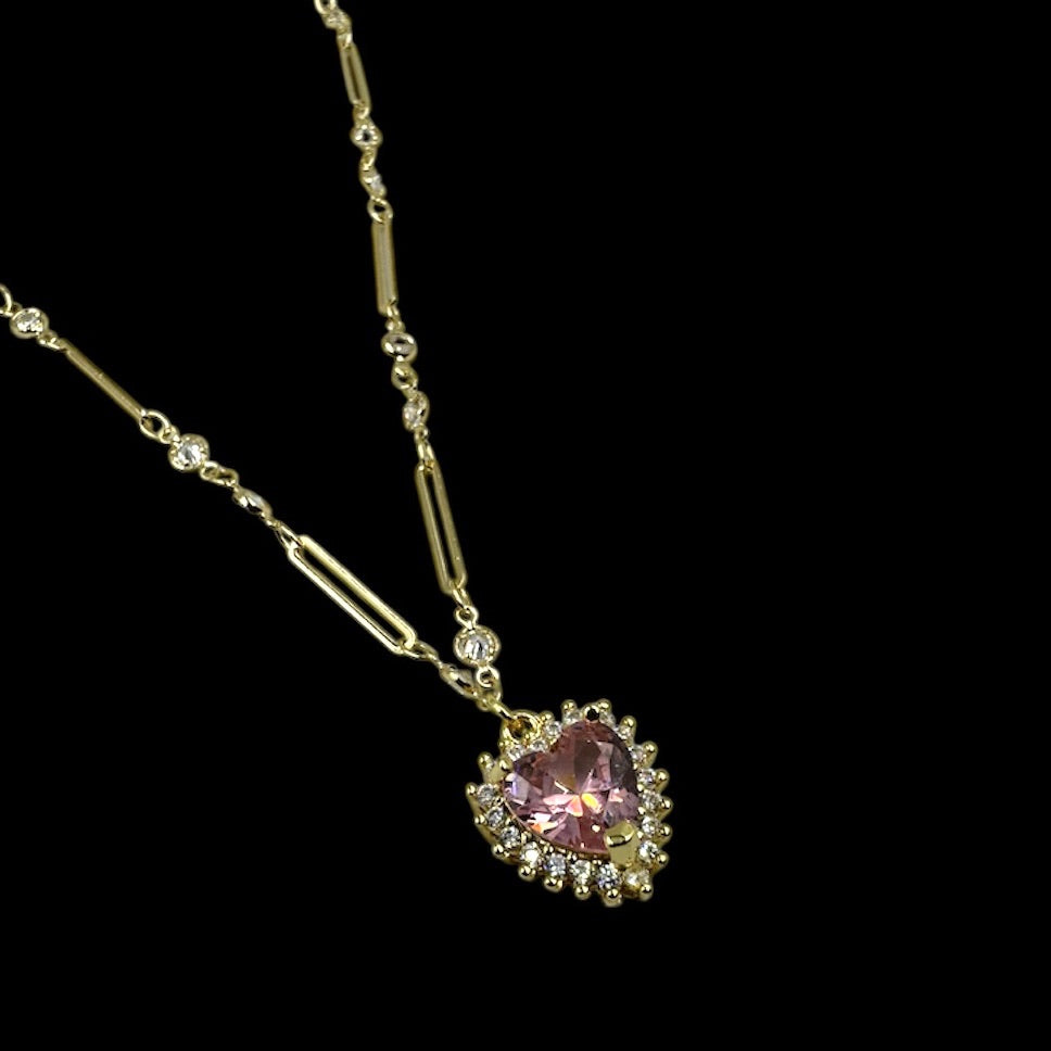 Gold Pink Diamond Heart Crystal Necklace