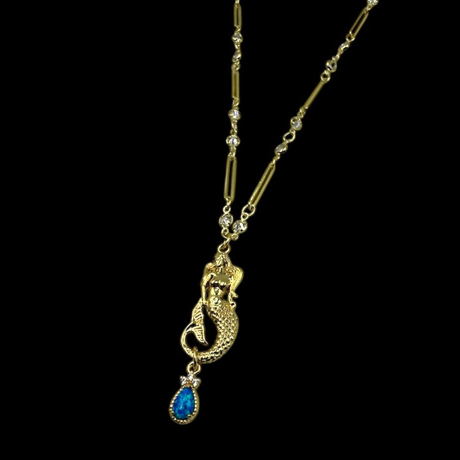 Gold Siren Blue Opal Droplet Crystal Necklace