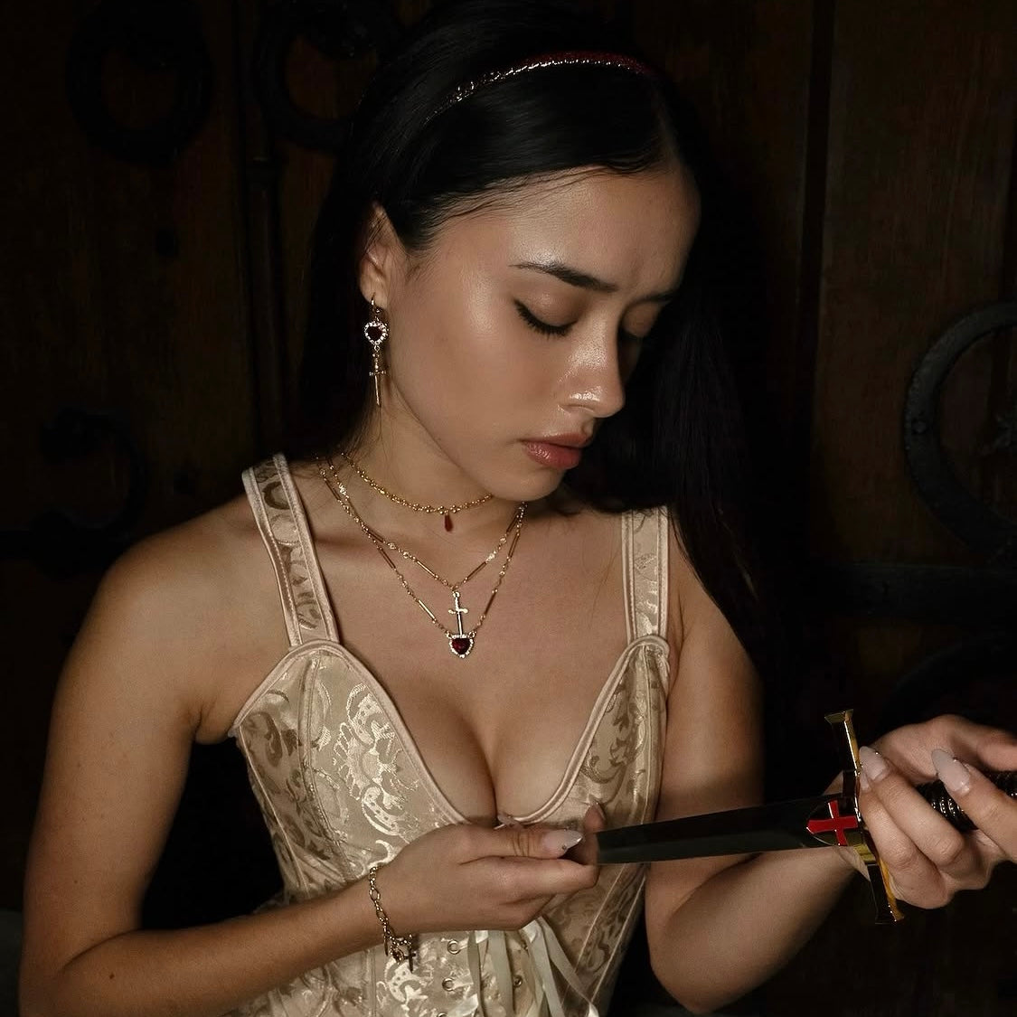 Gold Sword Crystal Chain Necklace
