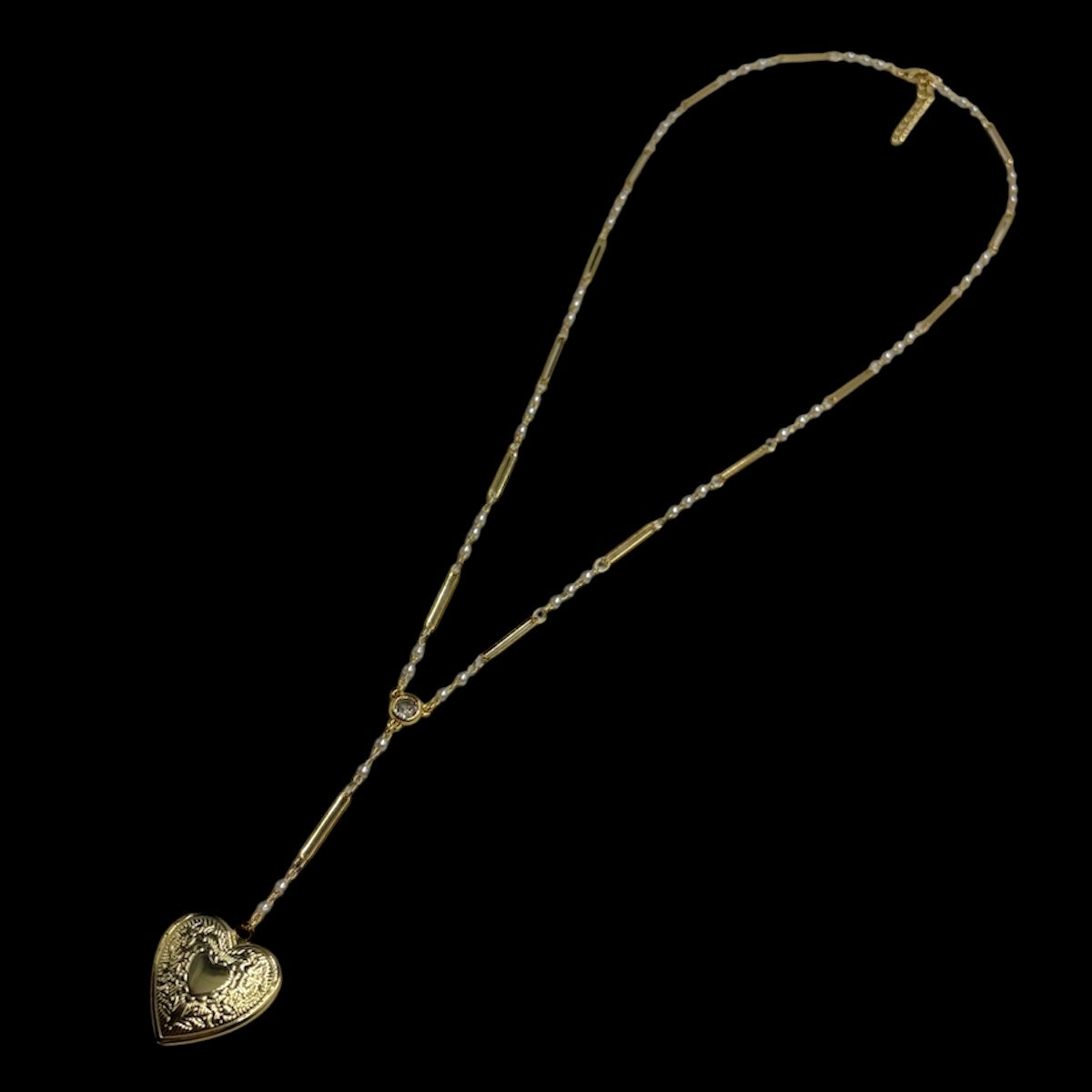 Gold Heart Locket Pearl Link Rosary