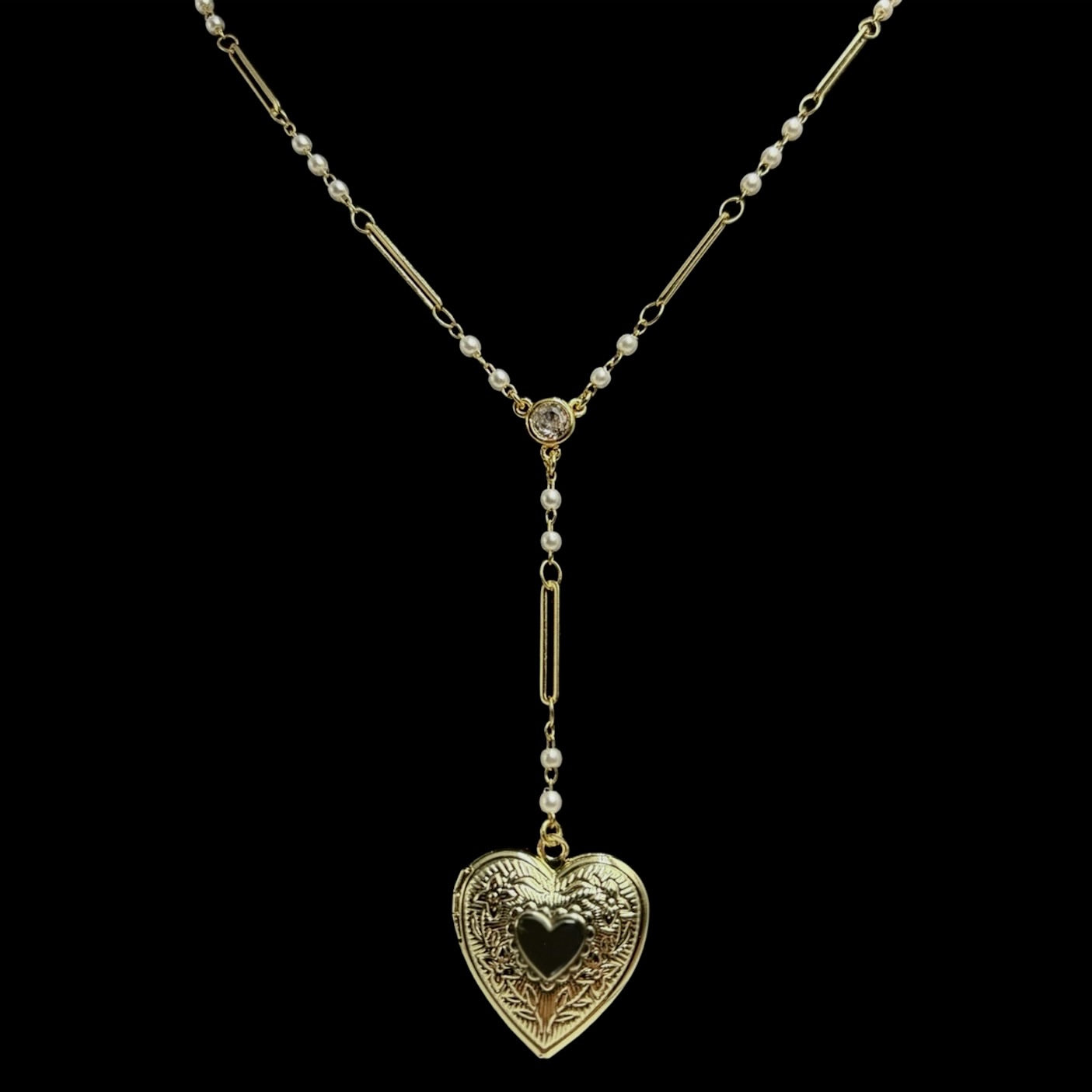 Gold Heart Locket Pearl Link Rosary