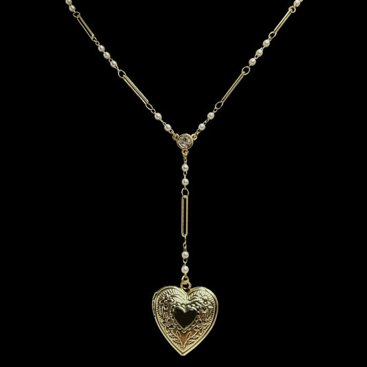 Gold Heart Locket Pearl Link Rosary