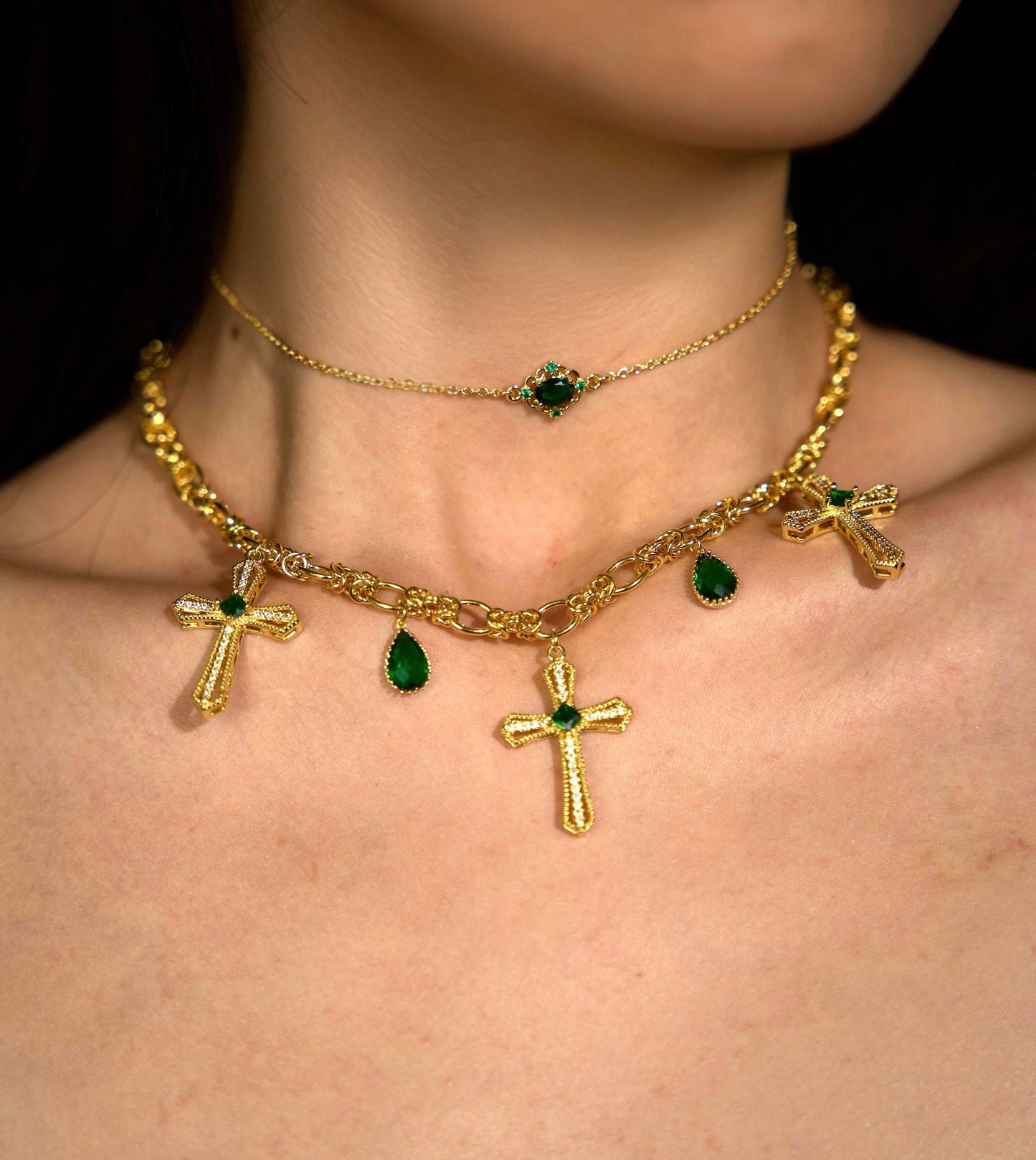 Royal Emerald Choker & Charm Necklace Stack