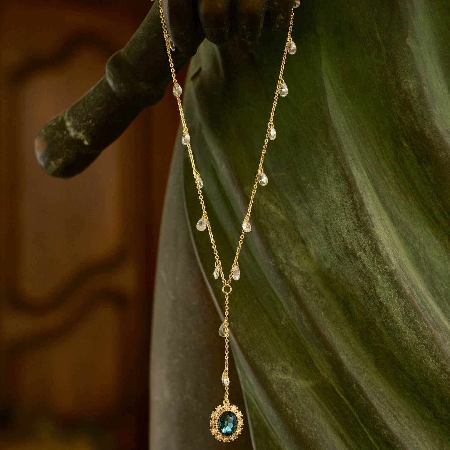 Gold Water Droplet Sapphire Blue Lariat