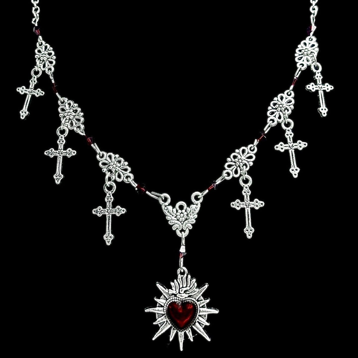 Spiked Sacred Heart Cross Charm Necklace