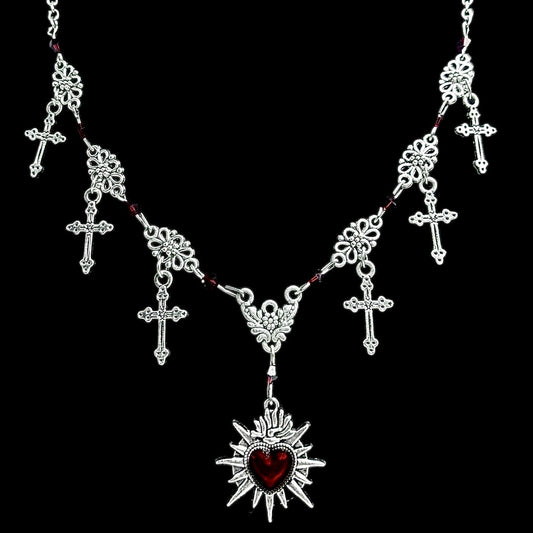 Spiked Sacred Heart Cross Charm Necklace