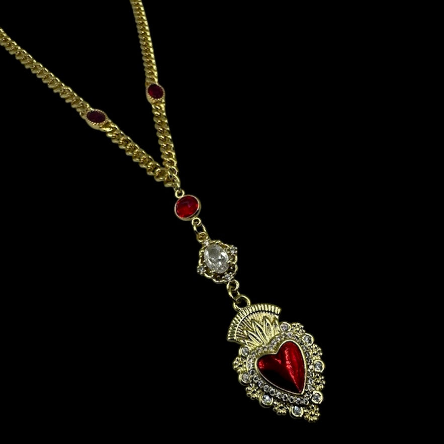 Sacred Heart Red Gem Curb Chain Necklace