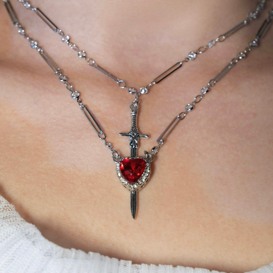 Pierceable Silver Red Heart Crystal Chain Necklace