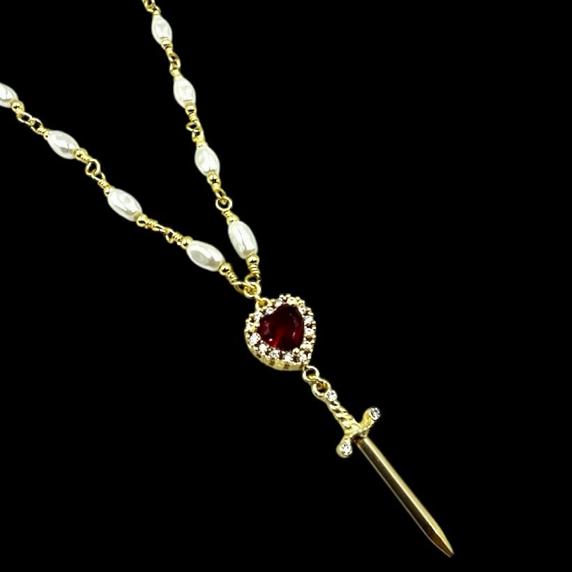 Gold Heart Dagger Pearl Choker